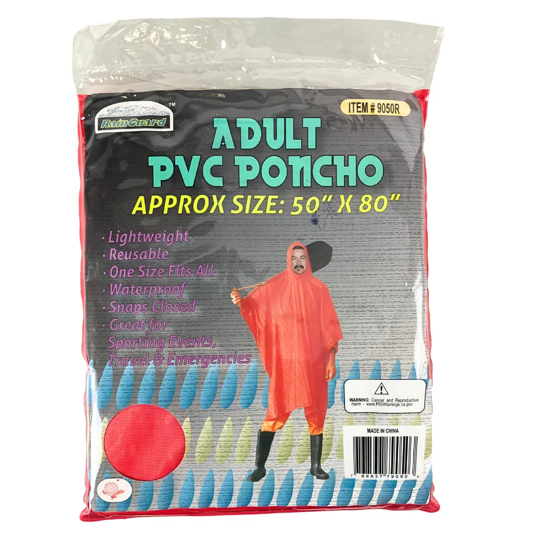 10 Mil Neon Red Vinyl Rain Poncho with Hood - Adult Size - RAIN-79050