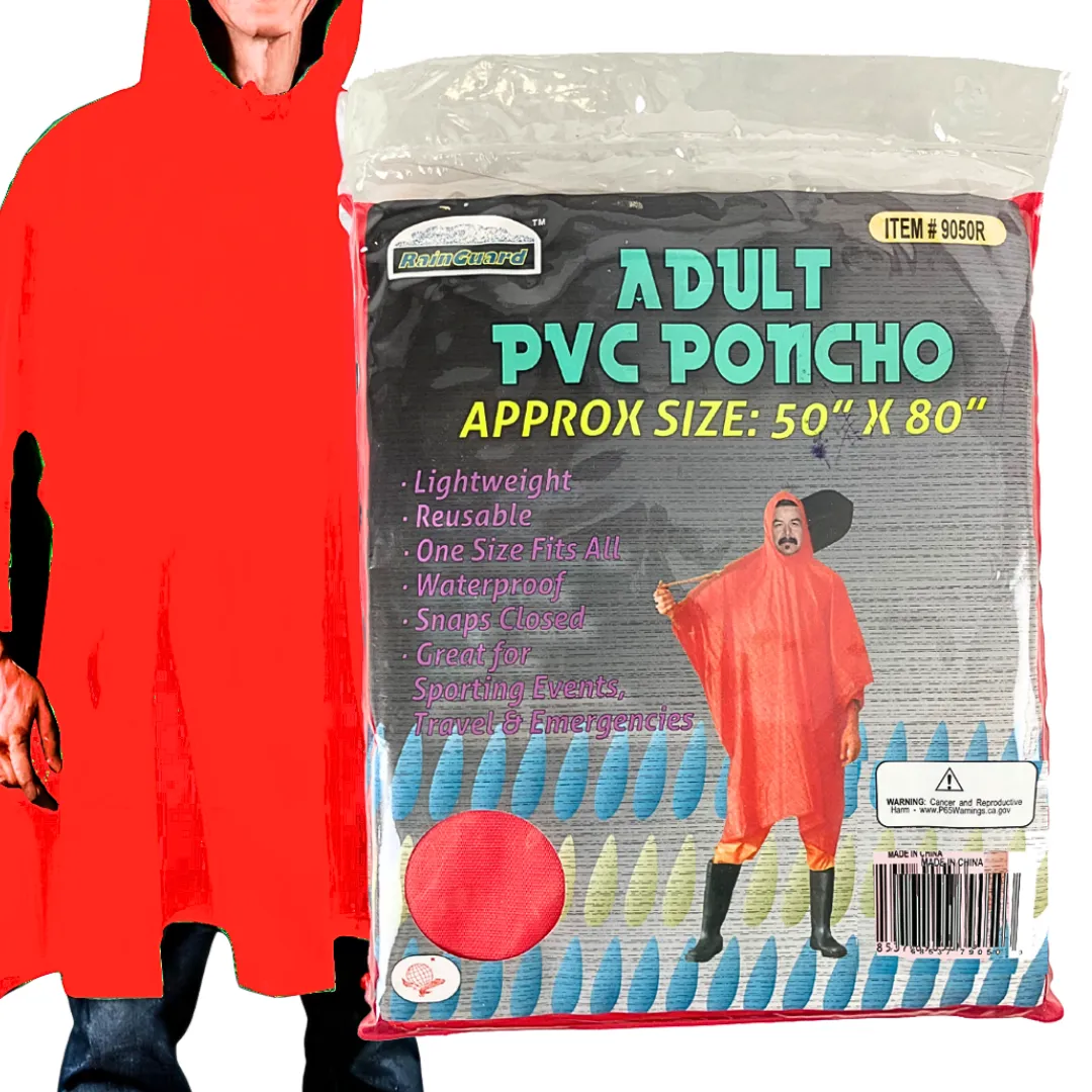 10 Mil Neon Red Vinyl Rain Poncho with Hood - Adult Size - RAIN-79050