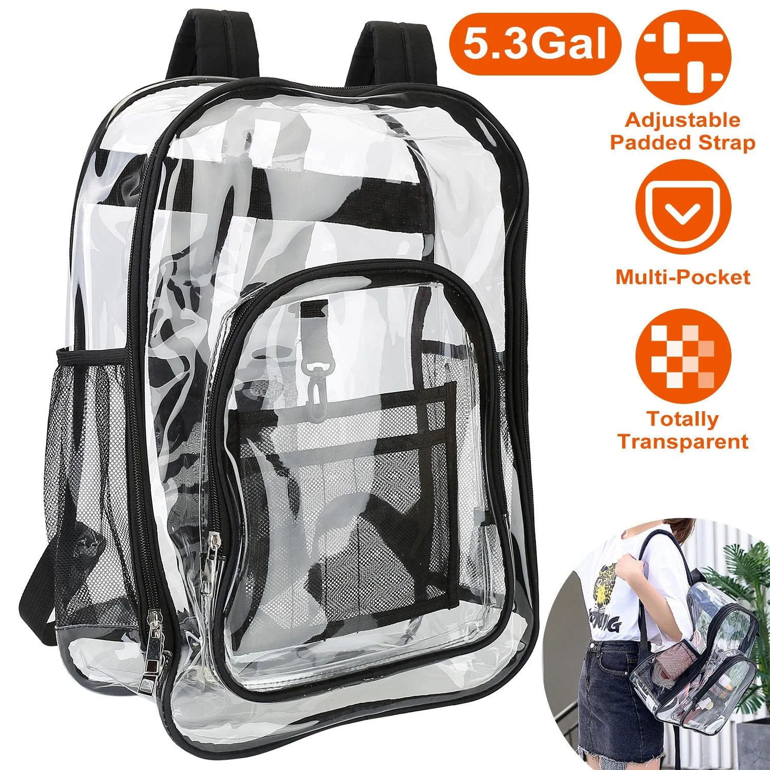 Book Bag Waterproof PVC Clear Backpack 5.3Gal with Reinforced Strap