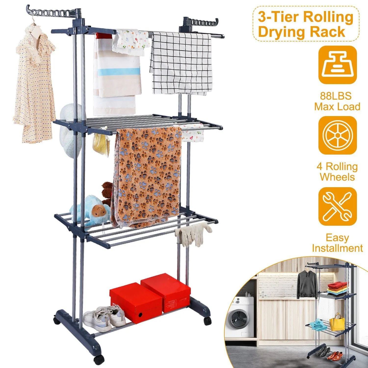 Clothes Drying Rack Rolling Collapsible Laundry Dryer Hanger Stand Rail