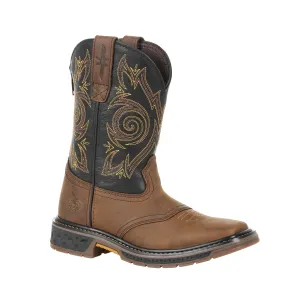 Georgia Kids Brown/Black Leather Carbo-Tec LT Saddle Cowboy Boots