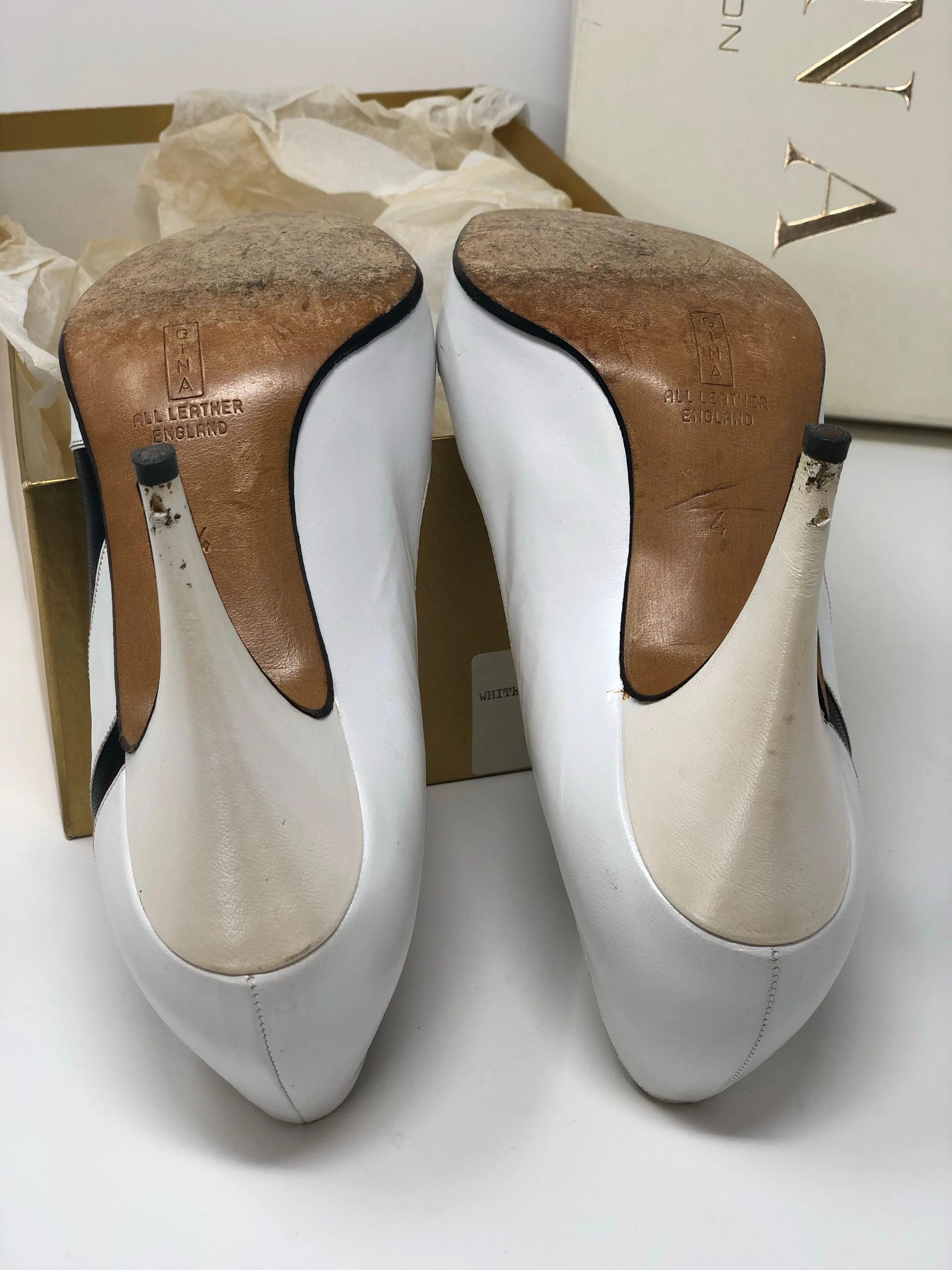 Gina Vintage Shoes White Pearl and Black Leather Heels UK4