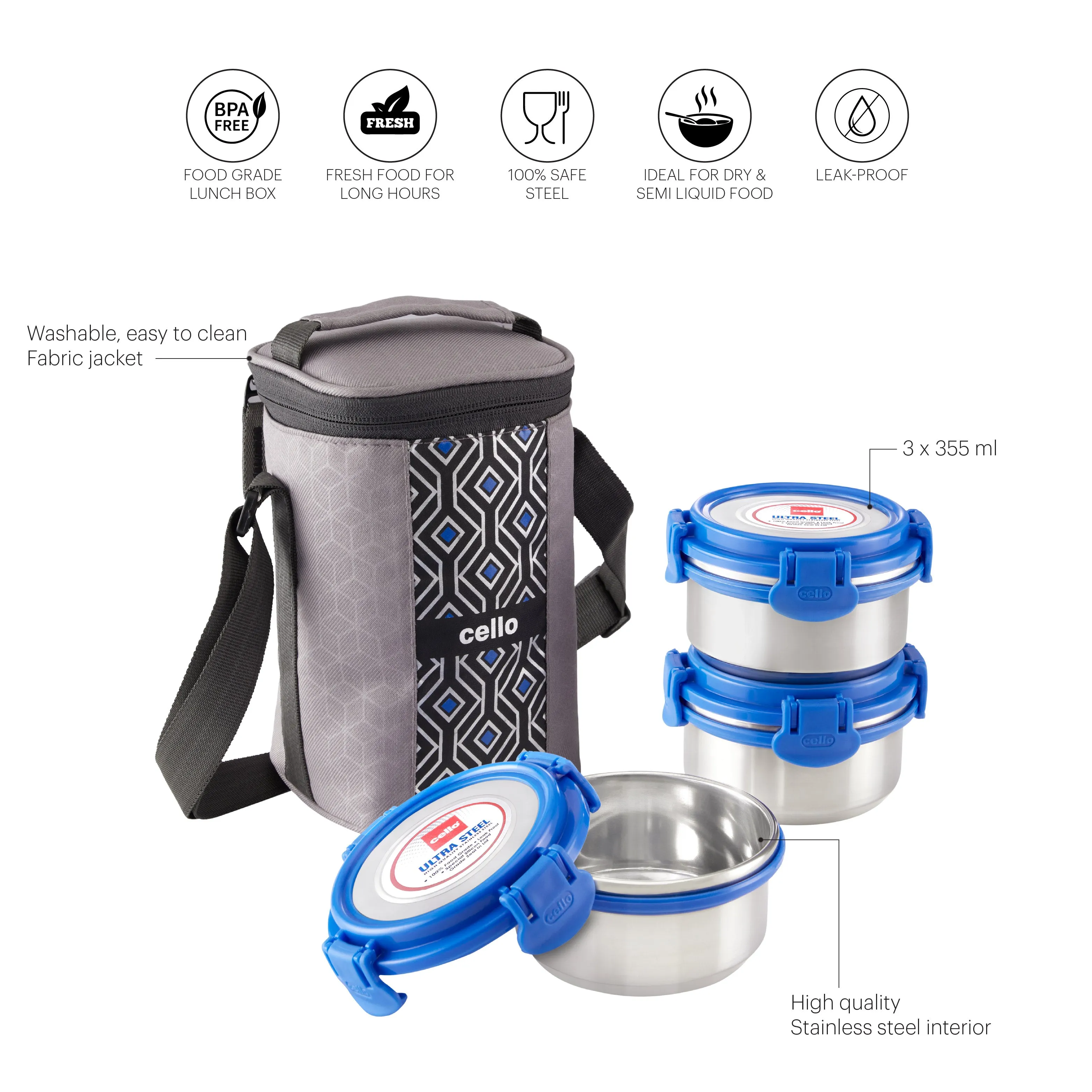 MF Ultra Stainless Steel Lunch Box with Jacket, Set of 3