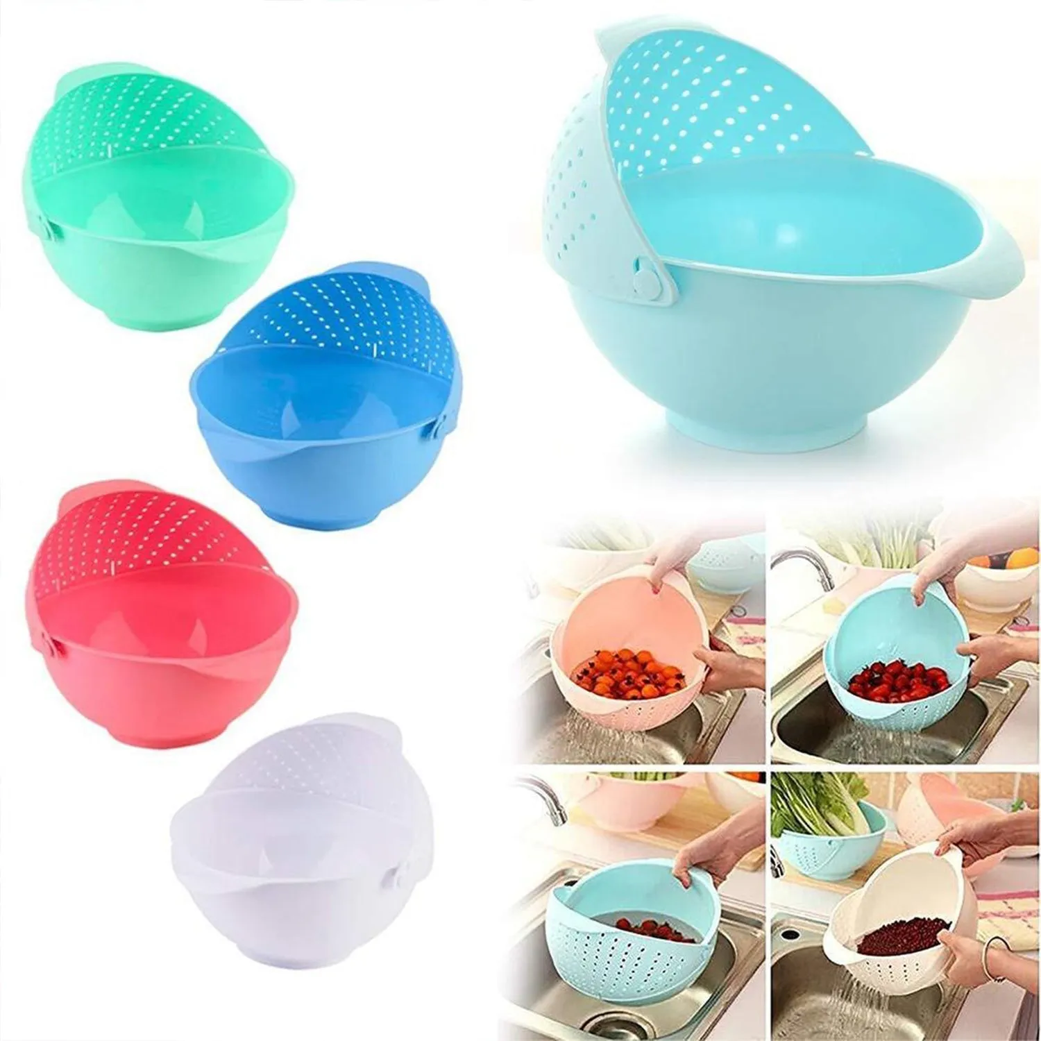 Plastic Revolving Multi Functional Rice, Vegetable Fruit Wash Basket Bowl (Multi Colour)