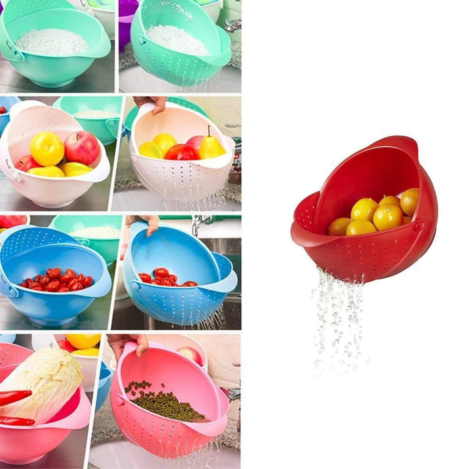 Plastic Revolving Multi Functional Rice, Vegetable Fruit Wash Basket Bowl (Multi Colour)